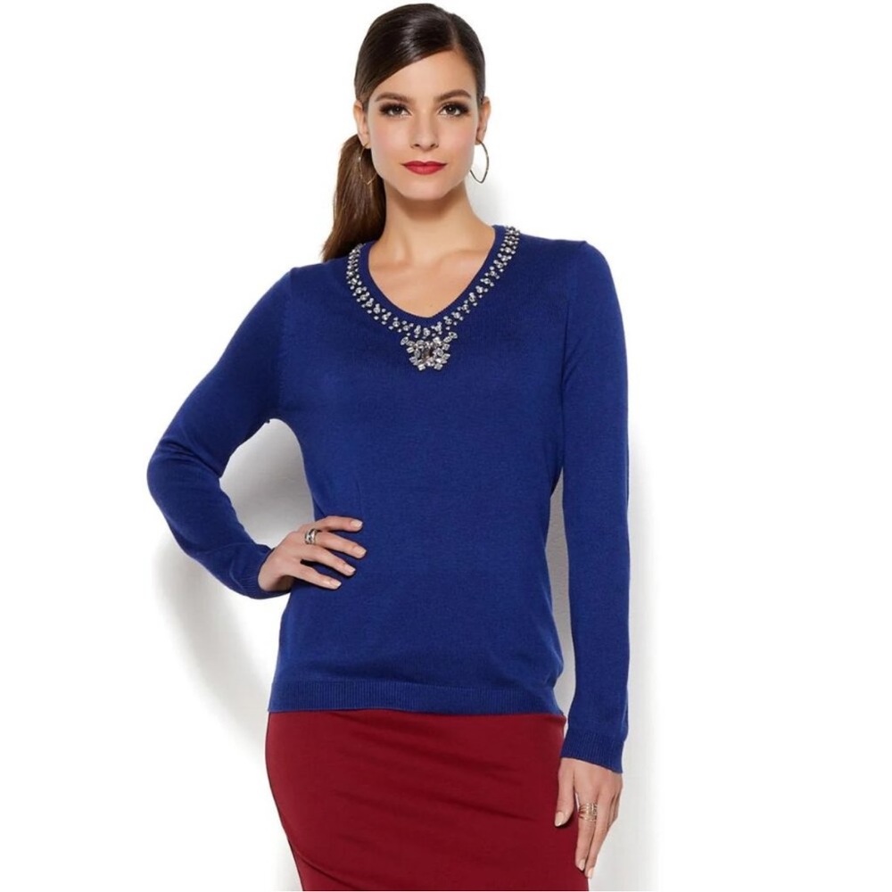 IMAN size Small Jeweled Embellished "Touch of Cashmere" Sweater Tunic, Navy  NEW